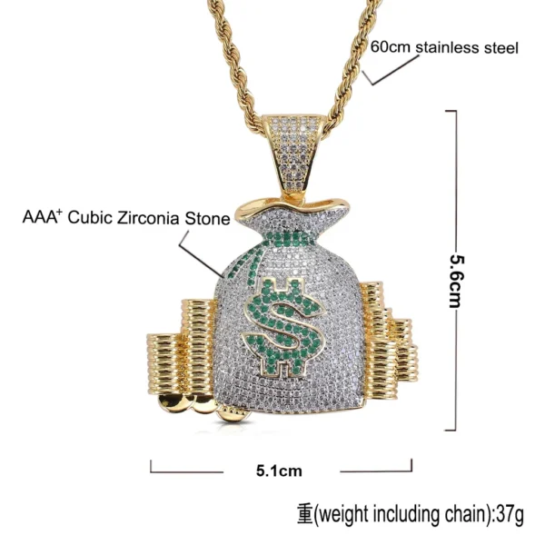 Gold Plated Iced Out Micro Inlaid Zircon Dollar Sign Money Bag Pendants Lucky Bag Necklace for Men Rapper Jewelry Hip Hop - Image 5