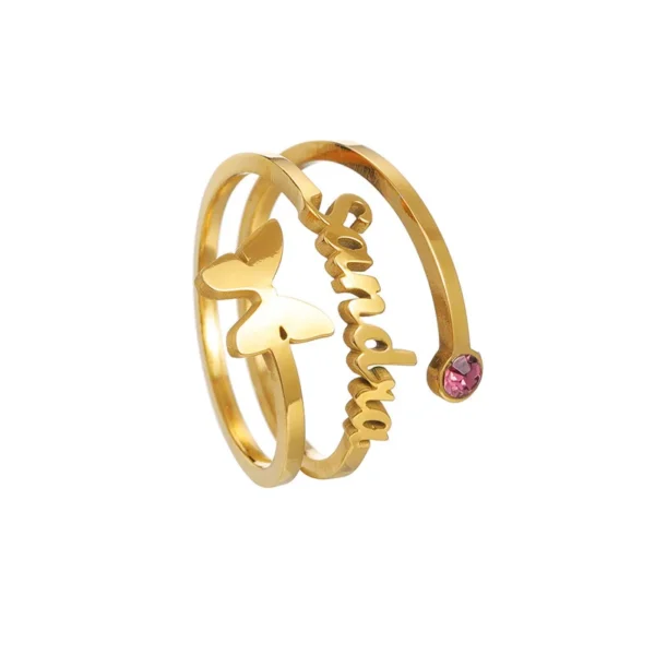 Qiuhan Three Layers Stainless Steel 18K Gold Butterfly 12 Month Birthstone Ring Personalized Name Birthstone Ring - Image 6