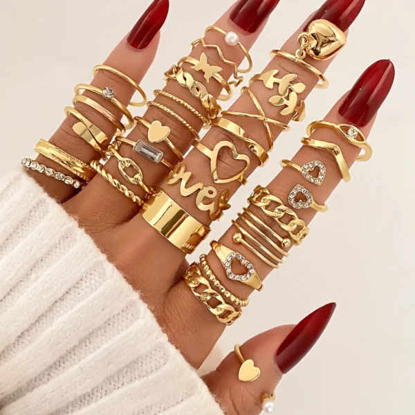 30PCS/Set Trendy Gold Love Heart Leaf Pearl Ring Set for Women Jewelry Punk Diamond Crystal Rhinestone Stackable Rings - Image 6