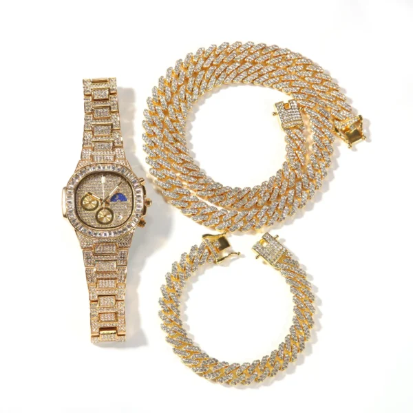 Hip Hop Gold Rose Gold Cuban Link Chain Cuban Link Bracelet Necklace Iced Out Quartz Watches Woman and Men Jewelry Set Gift - Image 5
