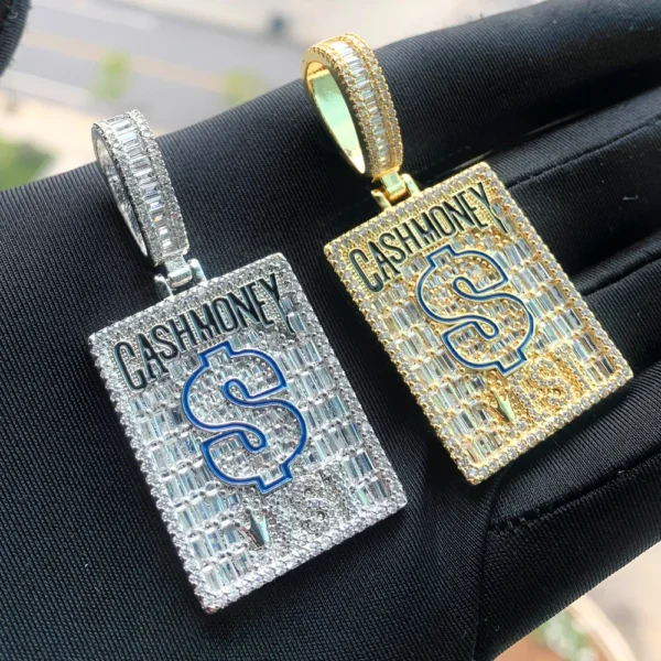Blue Black Enamel Dollar Cash Money Rectangle CZ Pendant Necklace for Men Boy Bling Iced Out Hip Hop Jewelry - Image 6