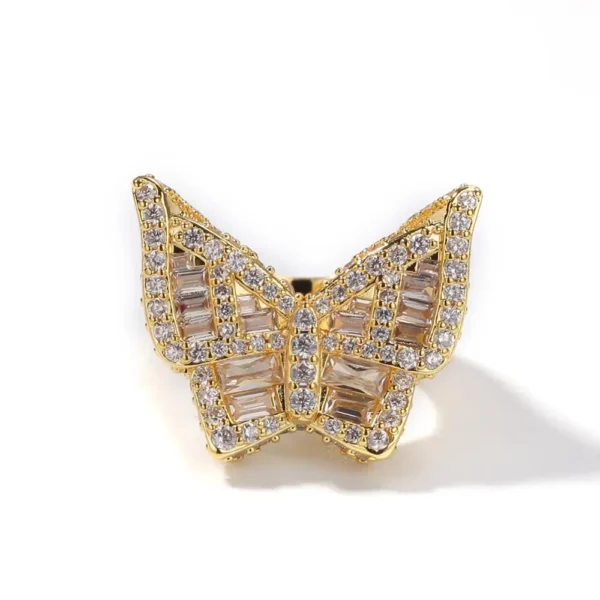 UWIN Baguette Butterfly Ring CZ Diamond Gold Plated Finger Ring for Men and Women Iced Jewelry