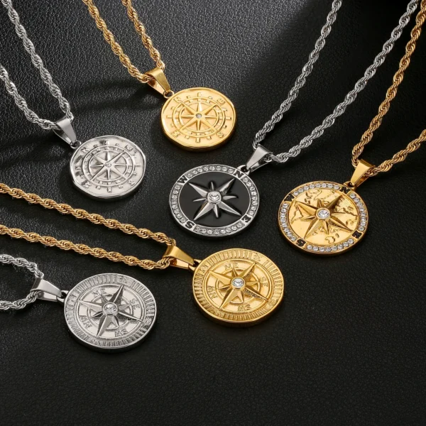 Coin Necklace 18K Gold Plated Compass Lion ST. CHRISTOPHER Jesus Cross Charm Stainless Steel Pendant Necklace for Women Men - Image 2