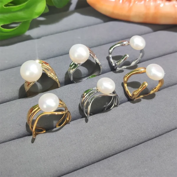 New Fashion Popular Natural FWP Stainless Steel Real Pearl Rings Tarnish Free Jewelry 18K Gold Plated Leaf Design Jewelry - Image 3