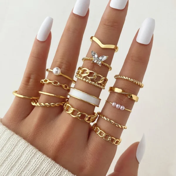 New Fashion Vintage Geometric Pearl Gold Plated Rings Set for Women Men Punk Butterfly Chain Knuckle Rings Trend Jewelry Gift - Image 3