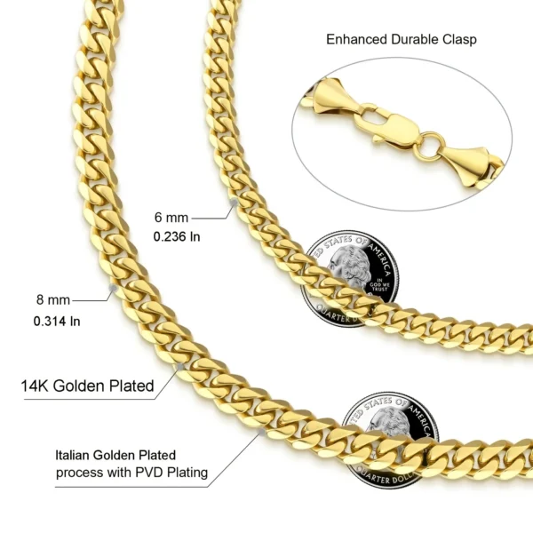 8mm 6mm 5mm 3mm Miami Cuban 14K Real Gold Plating Necklace Man Stainless Steel Hip Hop Jewelry Curb Link Chain for MEN Women - Image 3