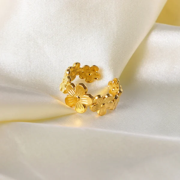 18k Gold PVD Plated Waterproof Finger Jewelry for Women Wedding Gift Exquisite Stainless Steel Flower Adjustable Opening Rings - Image 3