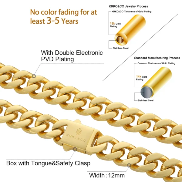 KRKC Wholesale Hip Hop Jewelry 12mm 14mm 18K Gold Plated Stainless Steel Miami Cuban Link Necklace Mens Chains - Image 2