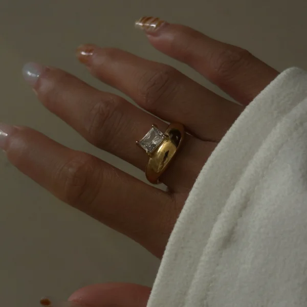 High Quality Vintage 18K Gold Plated Simple Waterproof Ring Stainless Steel Rectangle Zirconia Chunky Cambered Rings YF4092 - Image 3