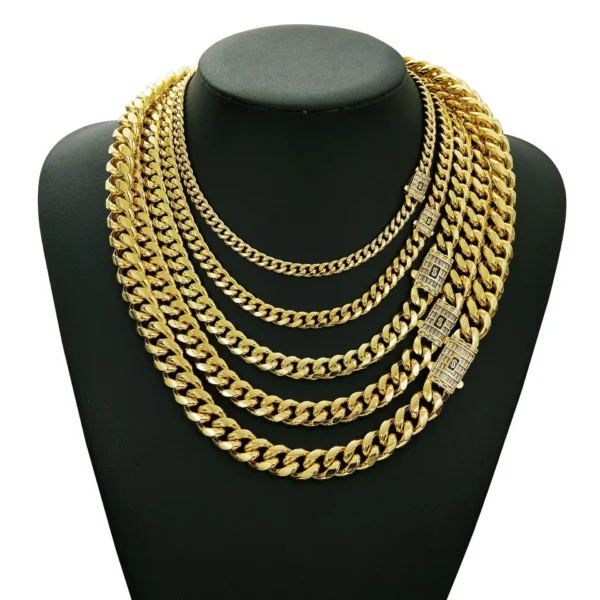 Stocks 14K Gold Plated Stainless Steel Miami Cuban Link Chain Necklace - Image 4